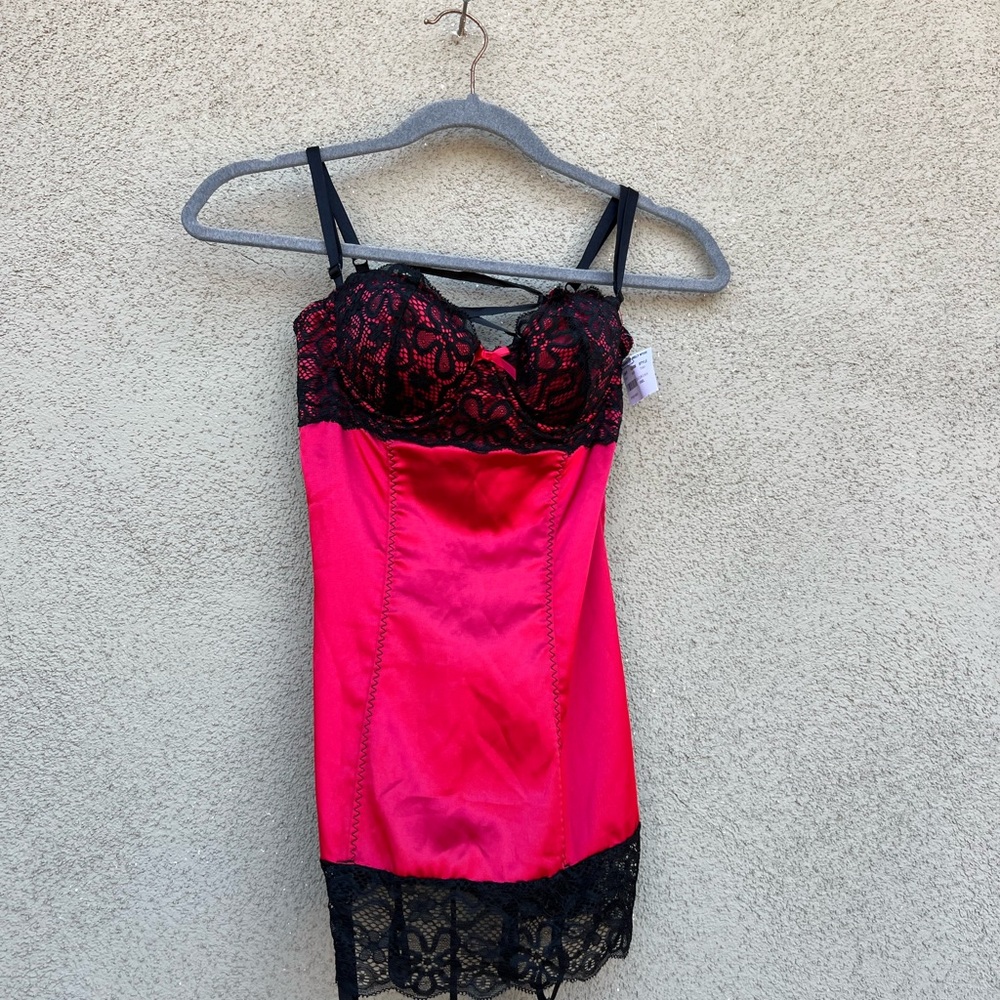 Fredrick’s Of Hollywood Satin Chemise Teddy Babydoll Dress Red With panty NWT S